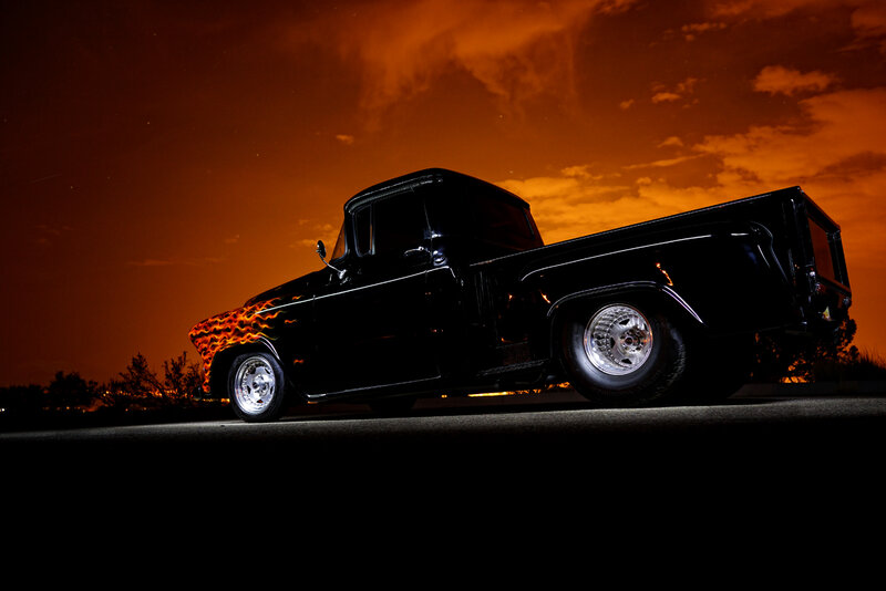 Black Pickup Truck — Dramatic, Night, Photograph, Flames