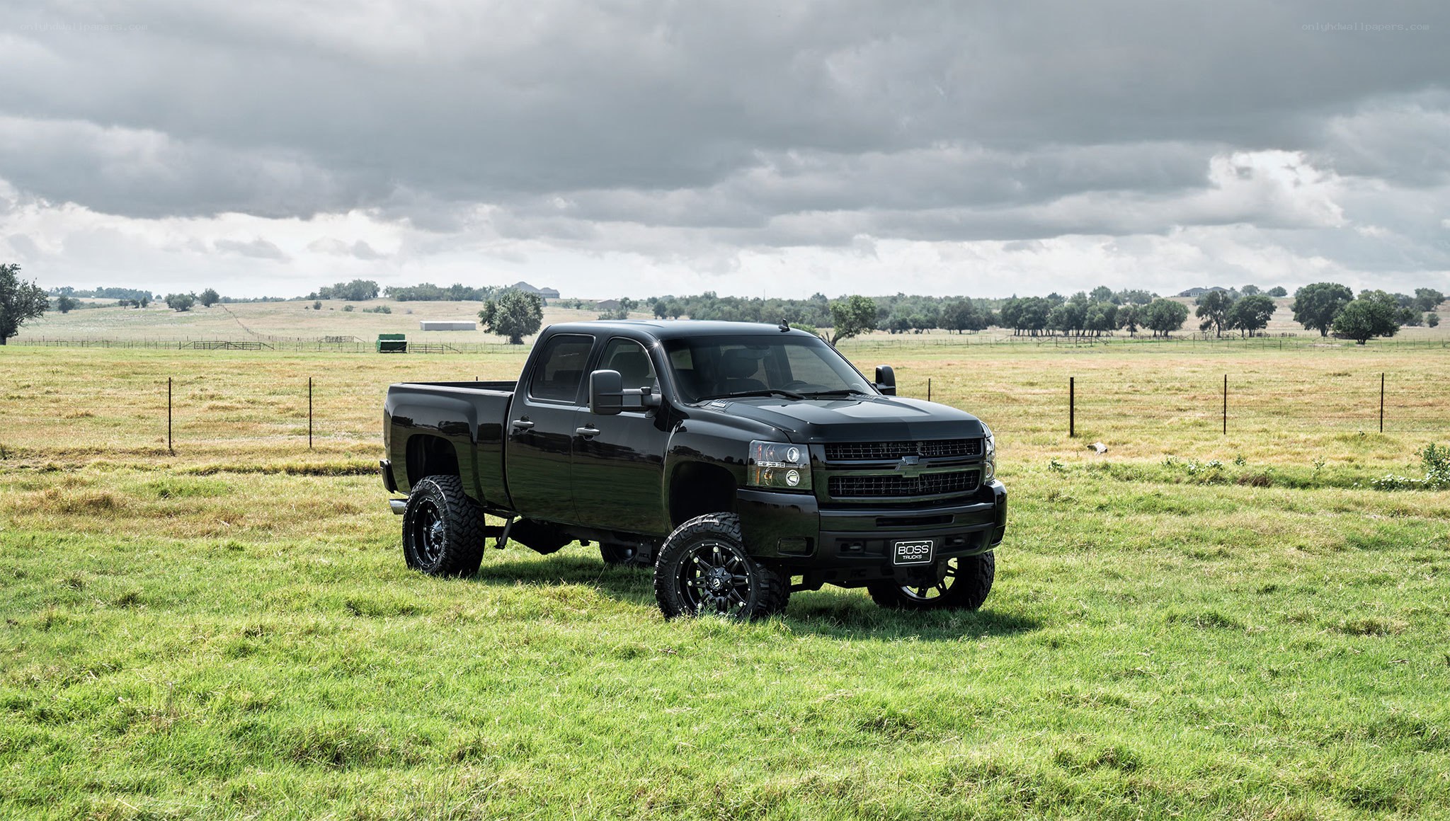 Black pickup truck in a field