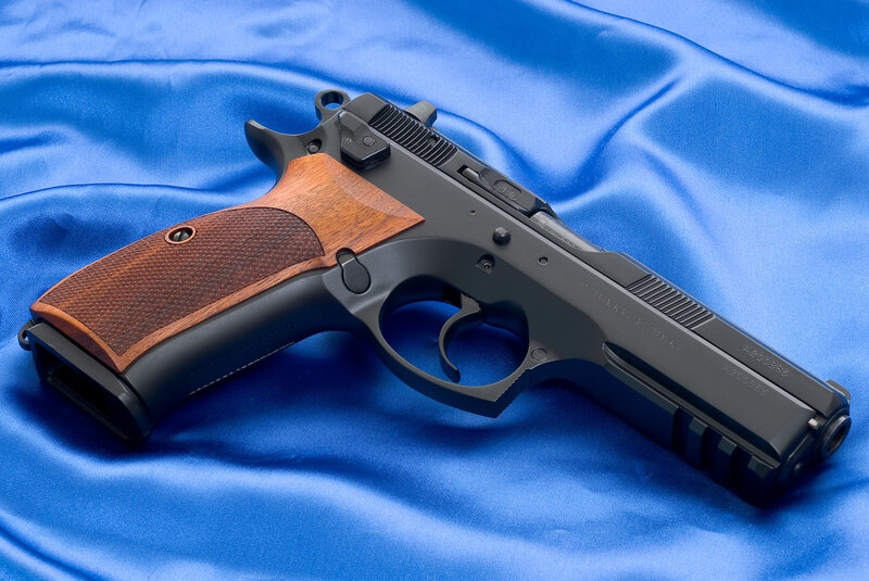 Black Pistol with Wood Grip — Blue, Dramatic