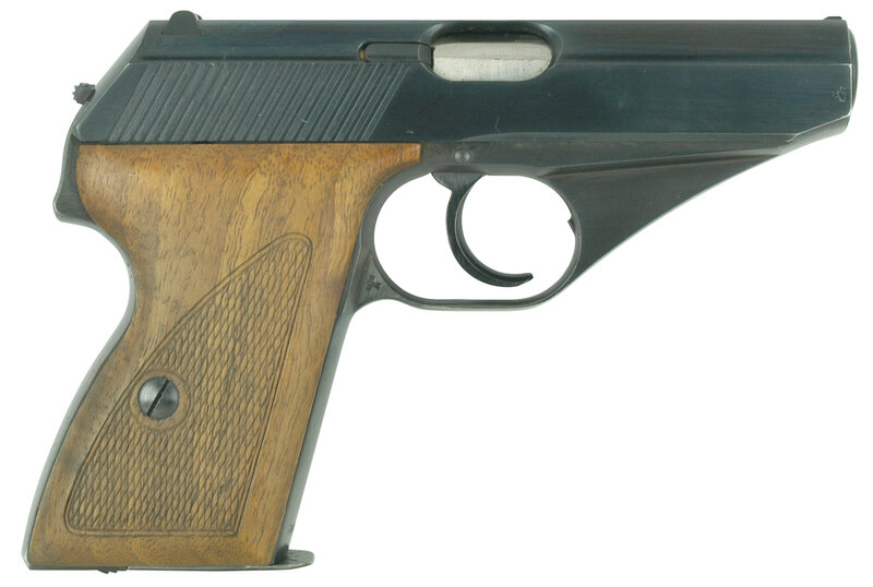 black pistol with wooden grip
