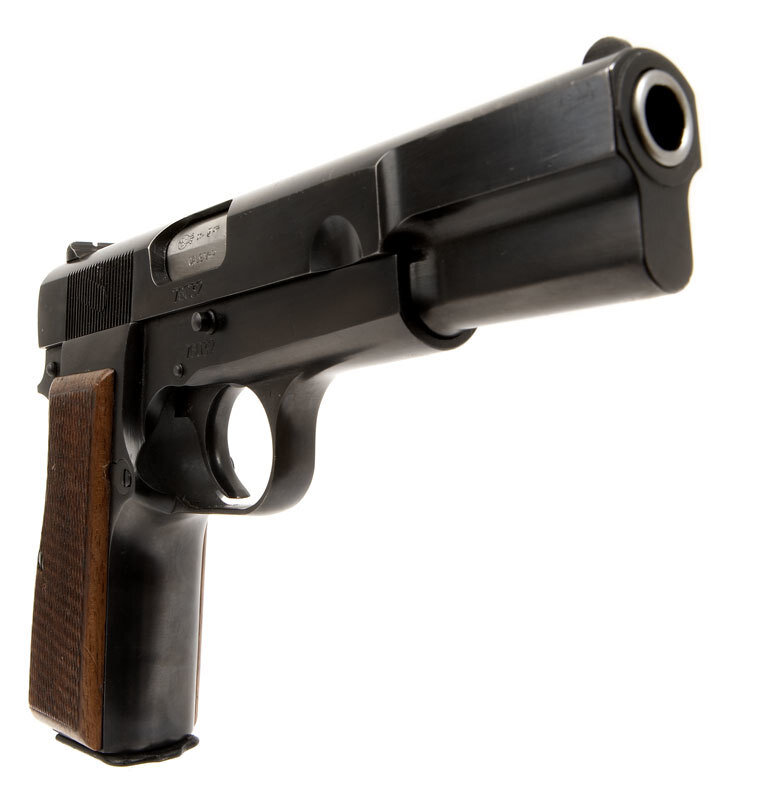 black pistol with wooden grip