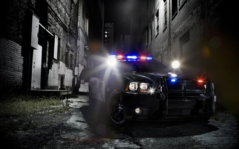 Black Police Car — Dramatic, Night, Photograph, Lights, Building
