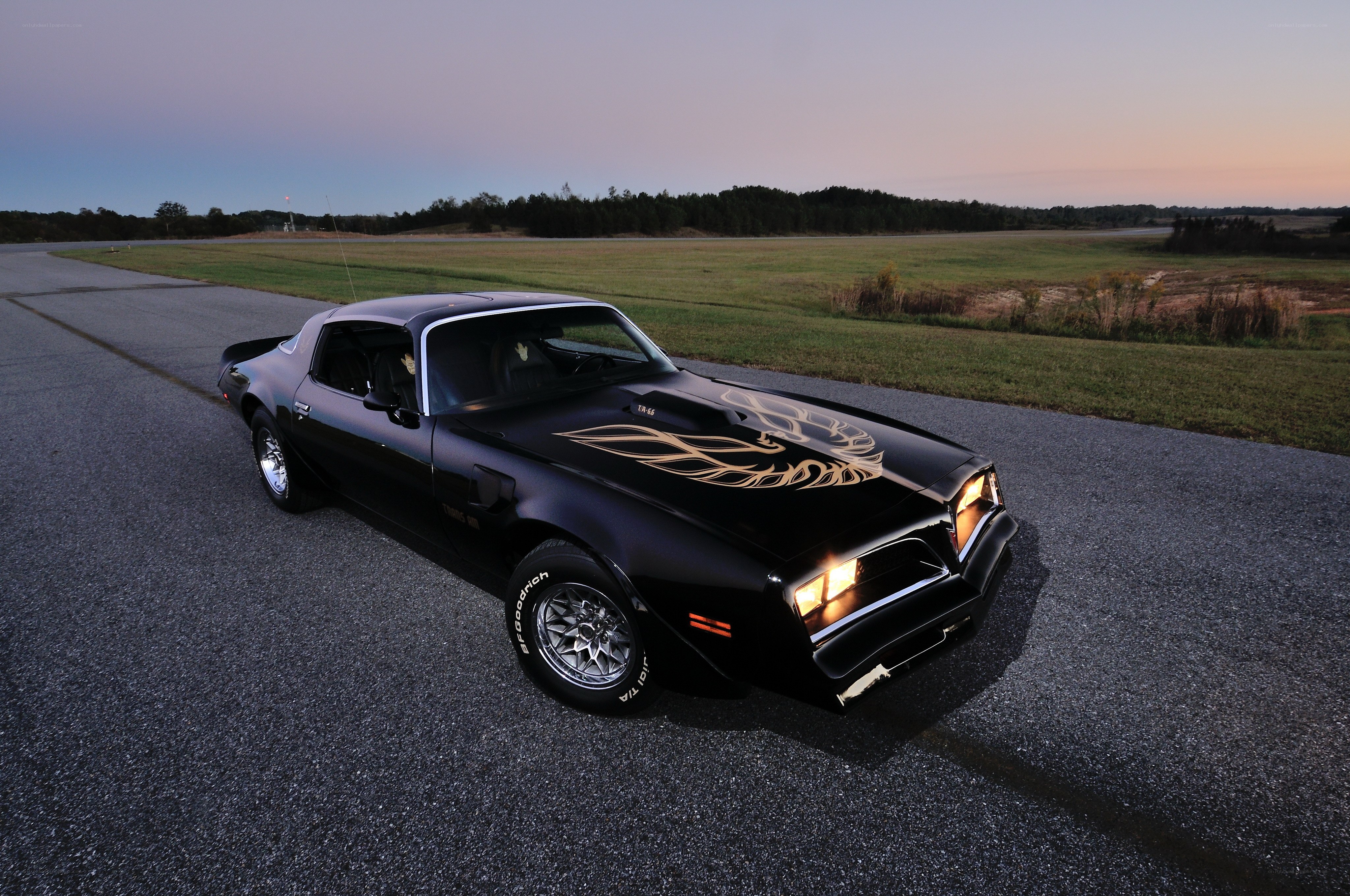 Black Pontiac Firebird at dusk