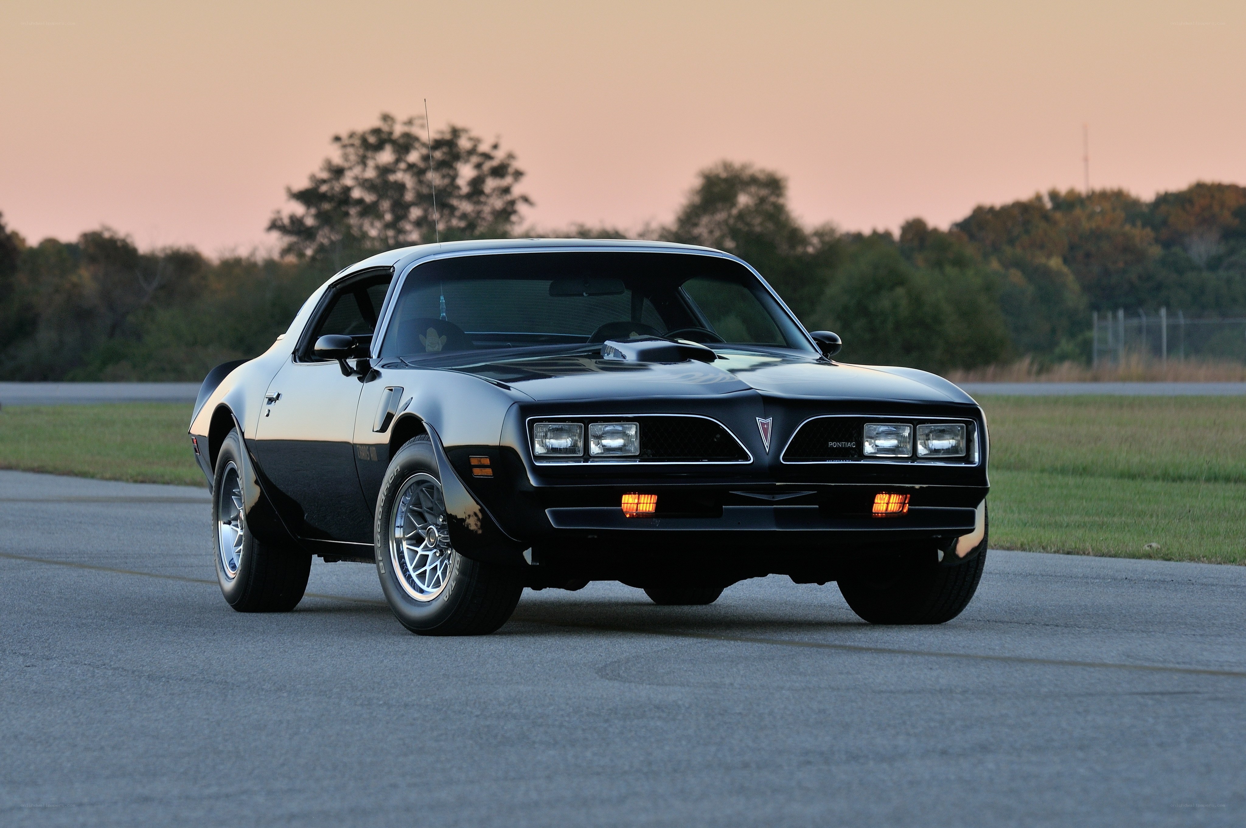 Black Pontiac Firebird at sunset