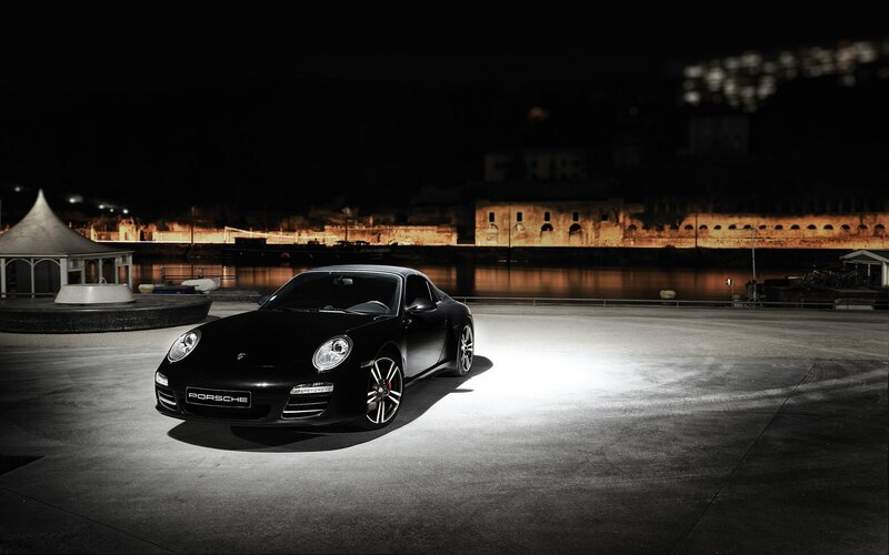 Black Porsche Car — Dramatic, Night, Photograph, Building