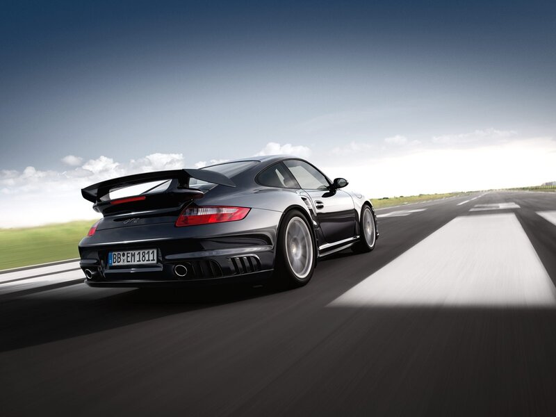 Black Porsche GT2 on racetrack
