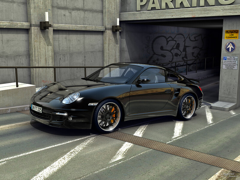 Black Porsche in parking garage