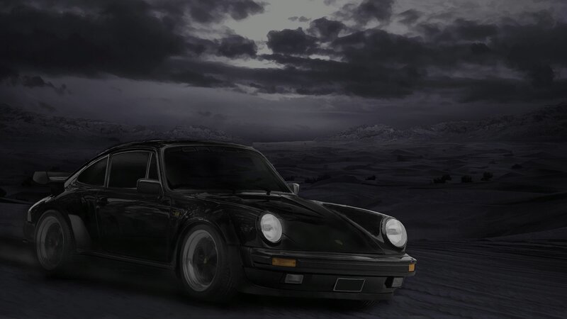 Black Porsche in stormy landscape