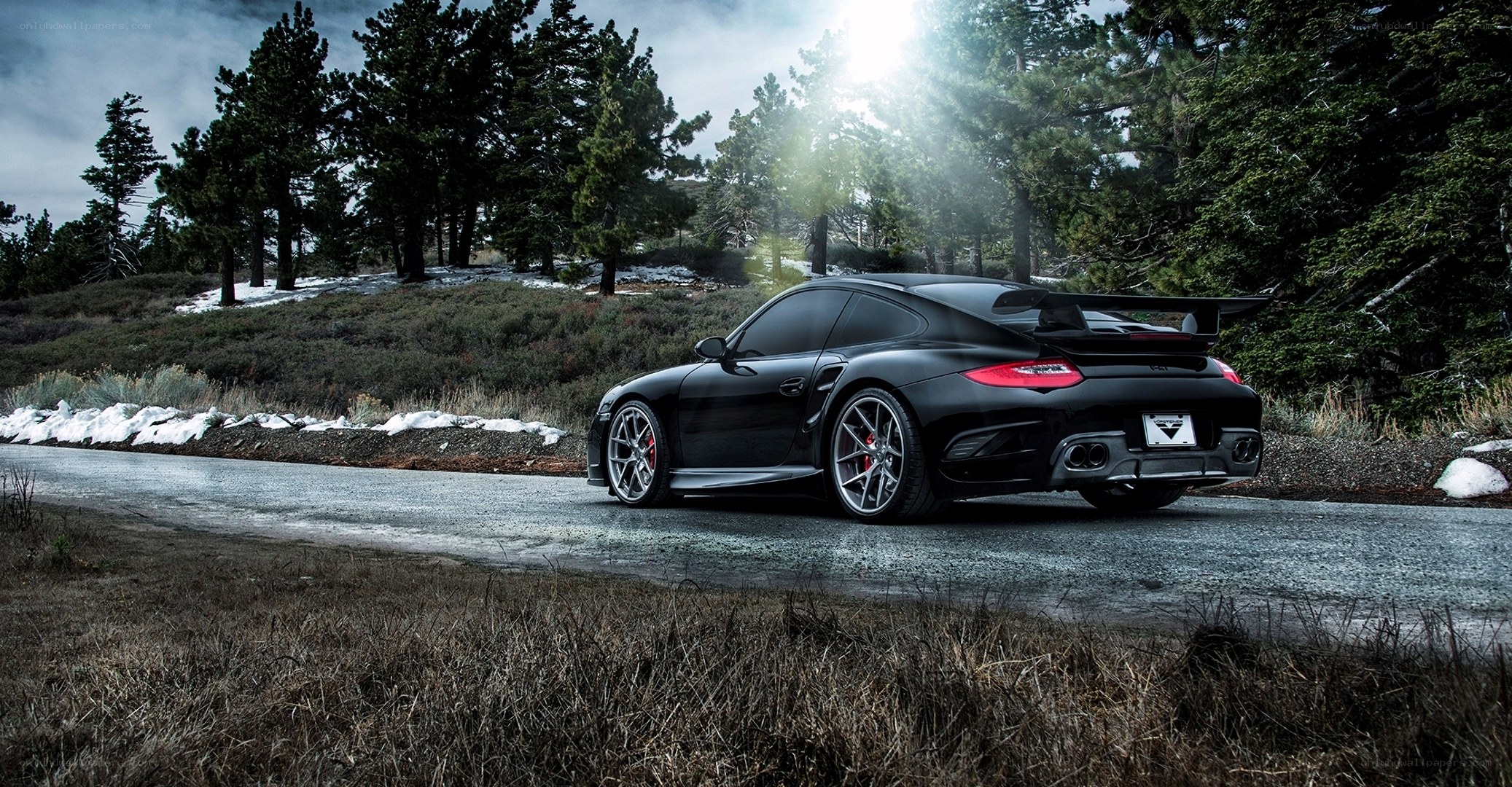 Black Porsche on a forest road