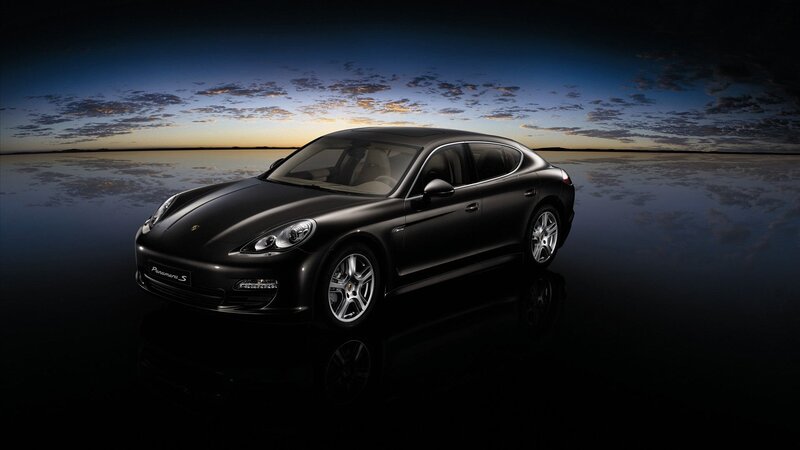 Black Porsche Panamera — Dramatic, Sunset, Photograph, Car, Sky, Reflection, Blue, Orange, Panamera S