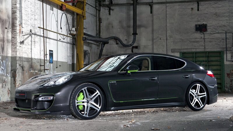 Black Porsche Panamera with green accents
