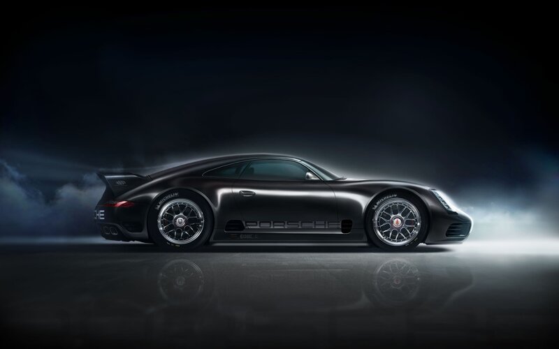 Black Porsche Race Car — Dramatic, Night, Photograph