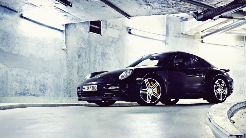 Black Porsche Sports Car — Dramatic, Photograph, Concrete Walls