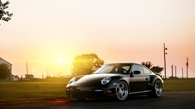 Black Porsche Sports Car — Dramatic, Sunset, Photograph, Field