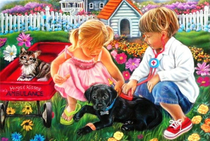 Black Puppy with Children