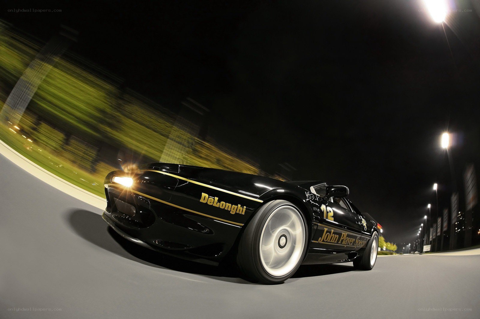 Black race car at night