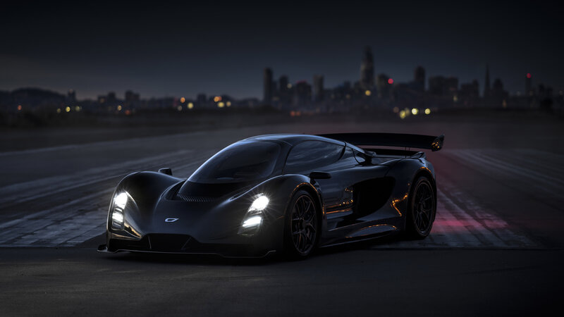 Black Race Car — Dramatic, Night, 3d Render, City Skyline, Runway