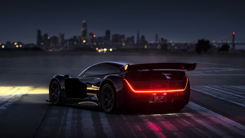 Black Race Car — Dramatic, Night, 3d Render, City Skyline