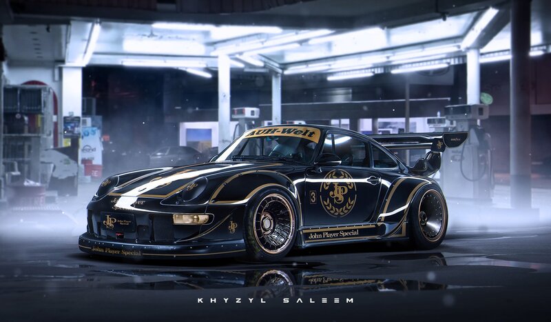 Black Race Car — Dramatic, Night, Digital Art, Gas Station