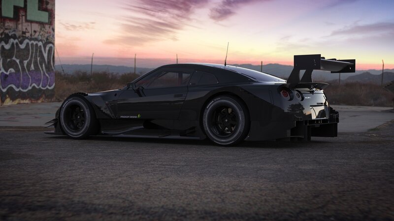 Black Race Car — Dramatic, Sunset, 3d Render, Graffiti Wall, Mountains