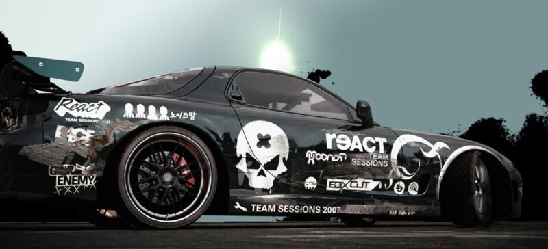 Black Race Car — Dramatic, Sunset, Digital Art, Skull Logo