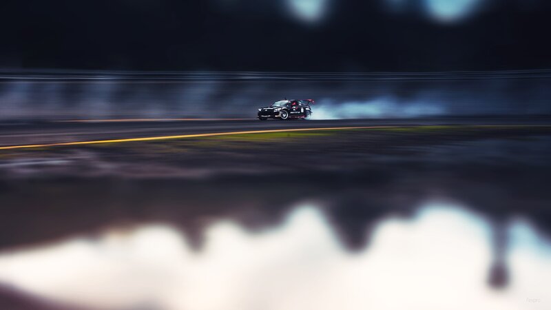 Black Race Car Drifting — Dramatic, Night, Photograph