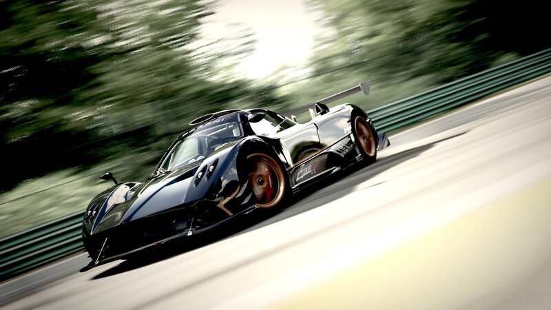 Black Race Car — Dynamic, Afternoon, 3d Render, Race Track, Trees, Guardrail, White