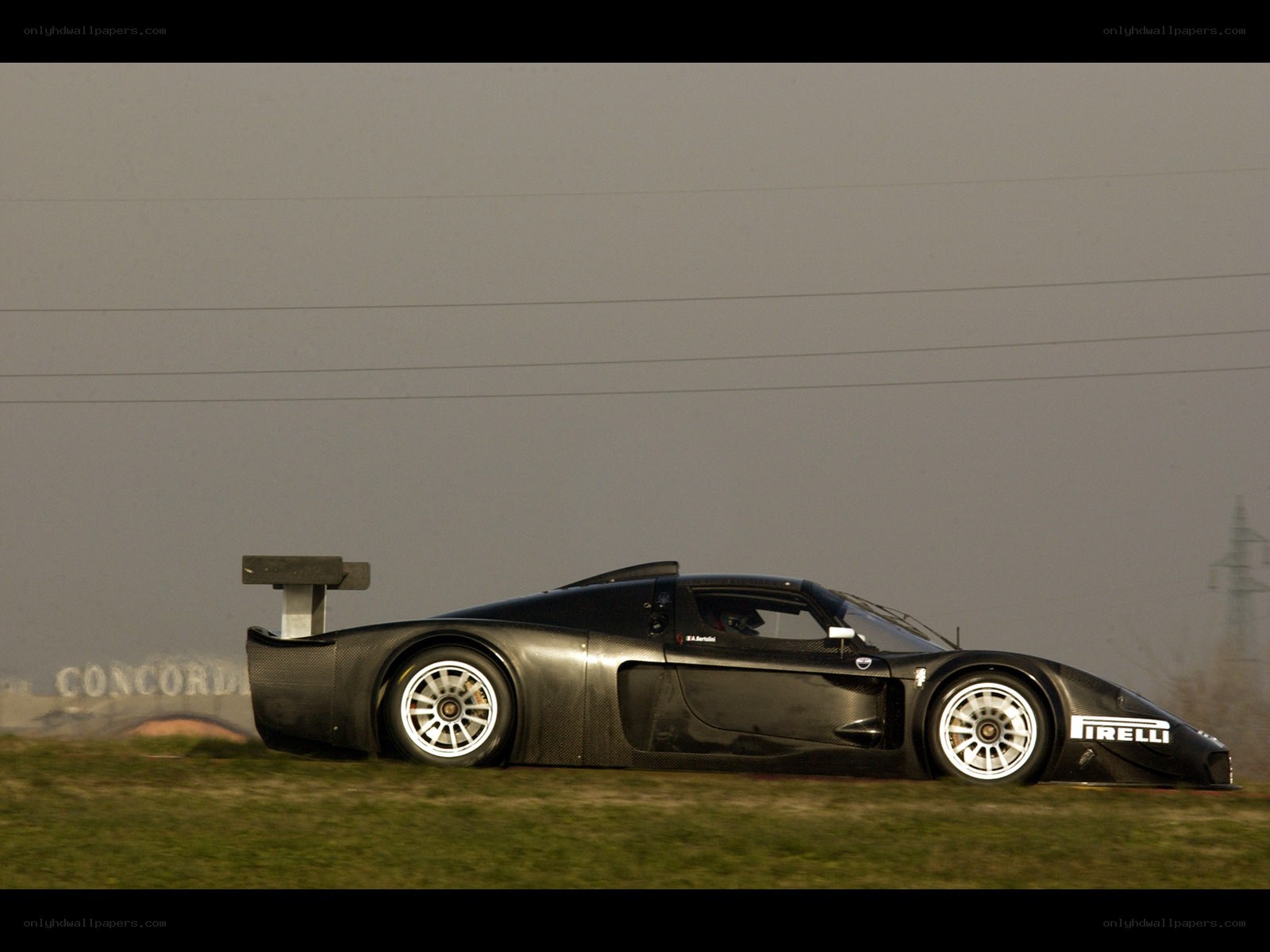 Black race car on grass