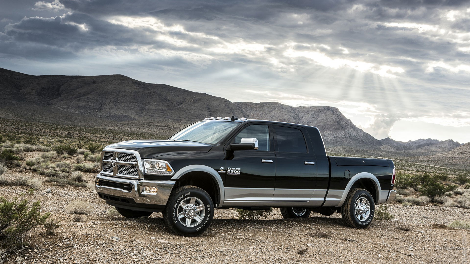black ram pickup in desert