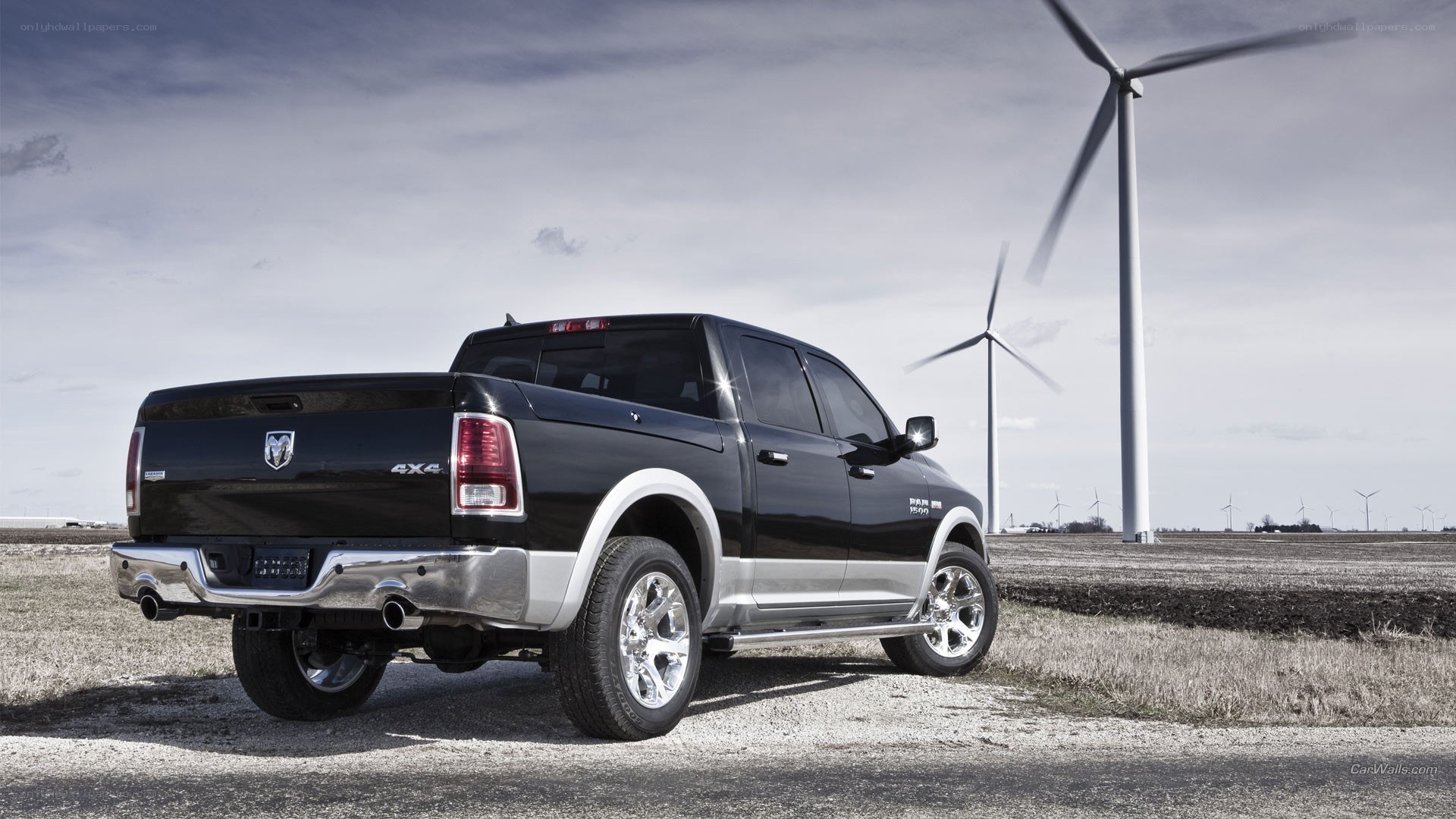 Black Ram pickup truck in field
