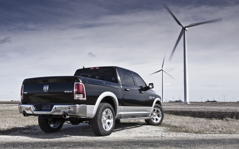 Black Ram truck near wind turbines