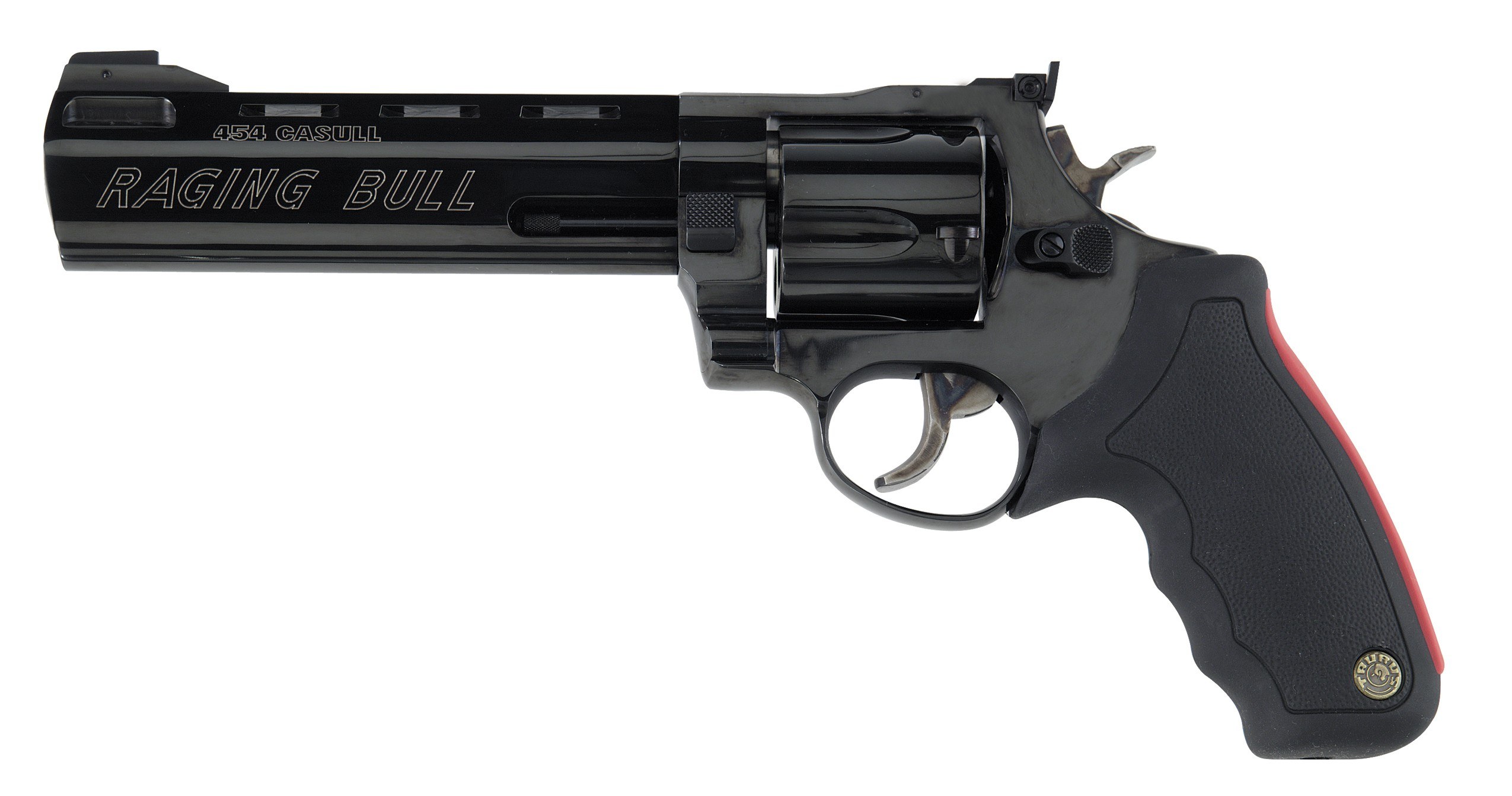 Black revolver with red grip