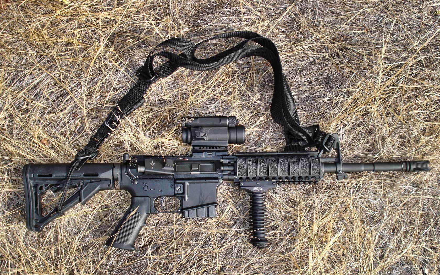 black rifle on dry grass