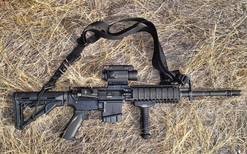 Black Rifle on Dry Grass — Neutral, Afternoon