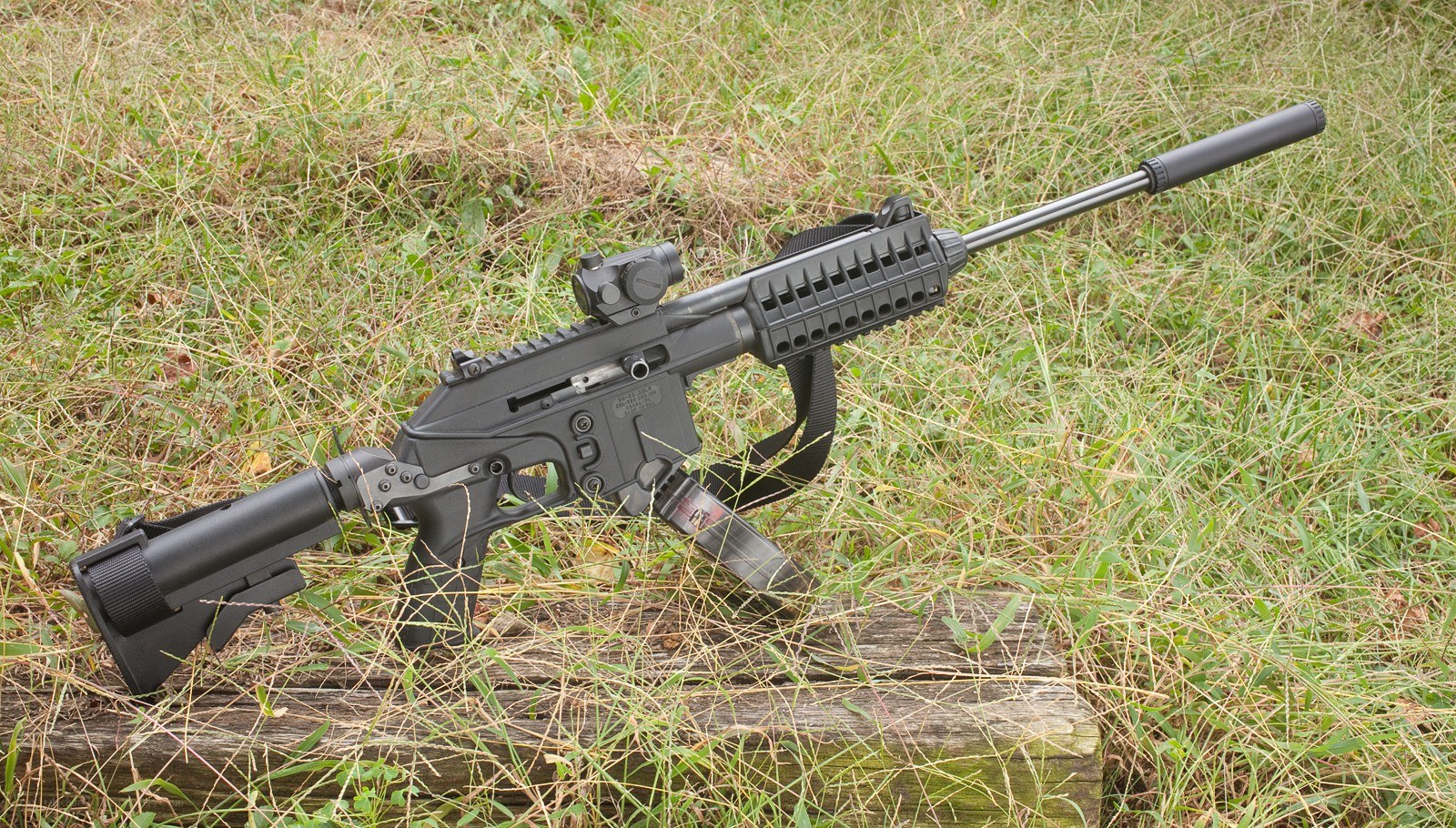 black rifle on wooden log