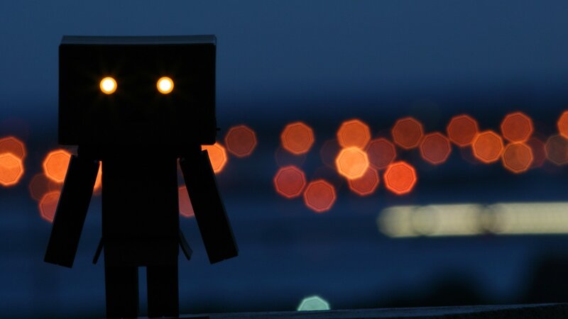 Black Robot Figure — Blue, Dramatic, Night