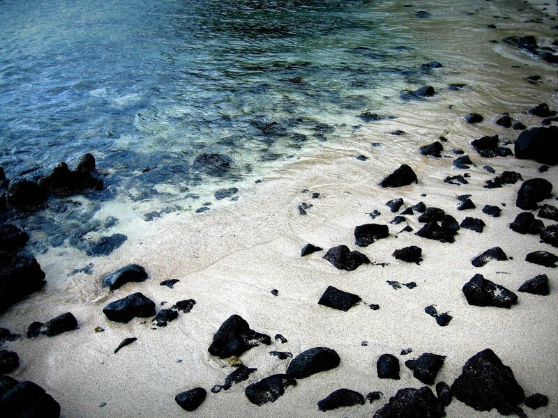 Black Rocks on Beach — Blue, Calm, Photograph