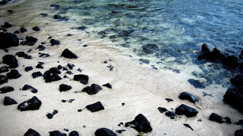 Black Rocks on Beach — Calm, Photograph, Sand, Ocean