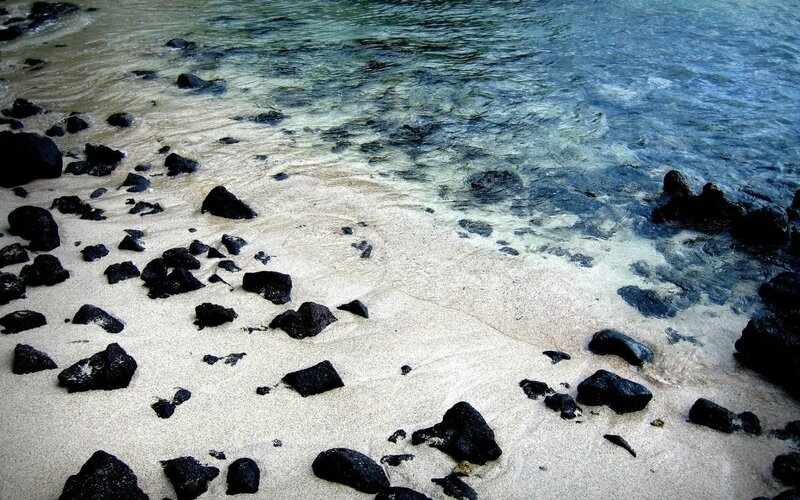 black rocks on sandy beach