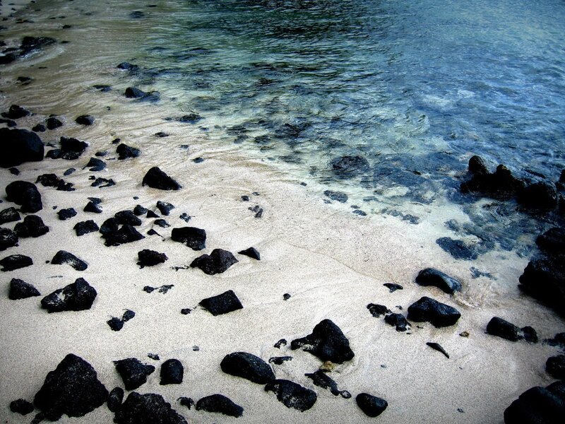 black rocks on sandy beach