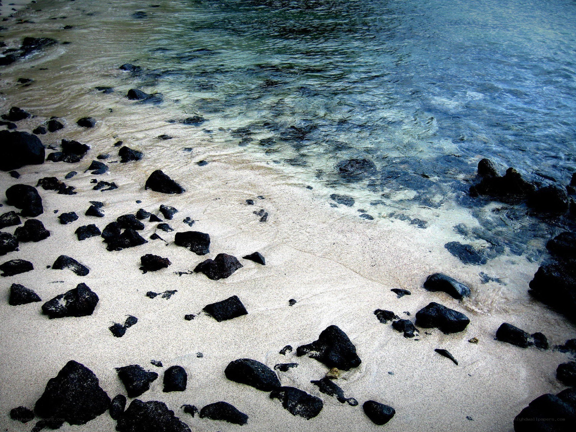 black rocks on sandy beach