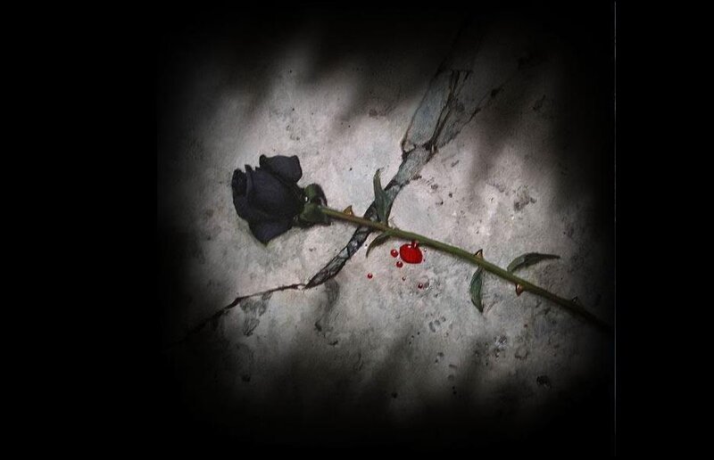 Black rose with blood on concrete