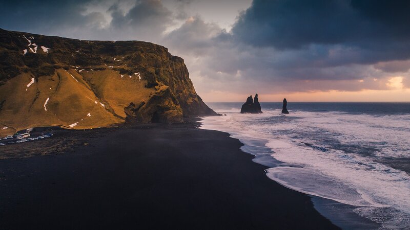 Black Sand Beach at Sunset — Dramatic, Photograph