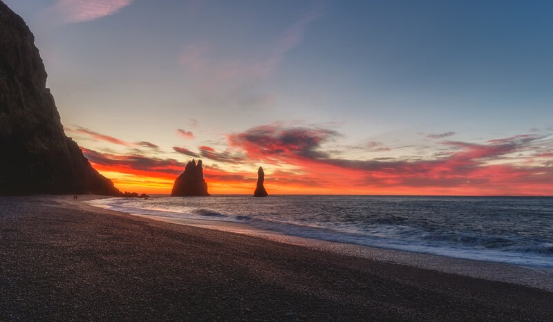 Black Sand Beach at Sunset — Orange, Dramatic, Photograph, Cliffs, Sea Stacks