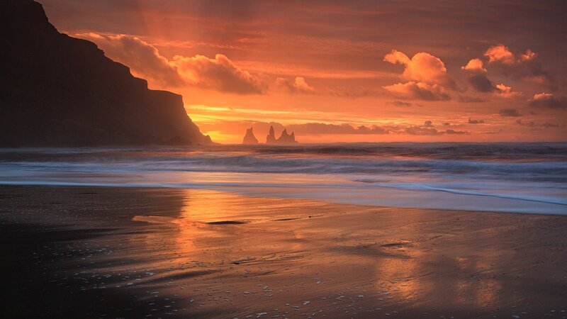 Black Sand Beach at Sunset — Orange, Dramatic, Photograph, Cliffs