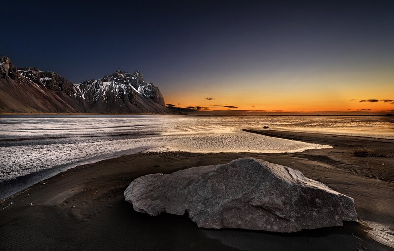 Black Sand Beach at Sunset — Orange, Dramatic
