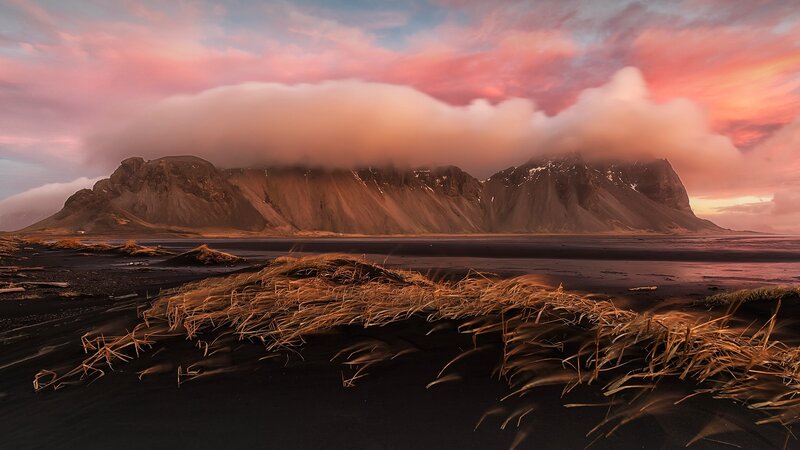 Black Sand Beach at Sunset — Pink