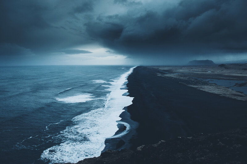 Black Sand Beach — Blue, Dramatic, Night, Photograph