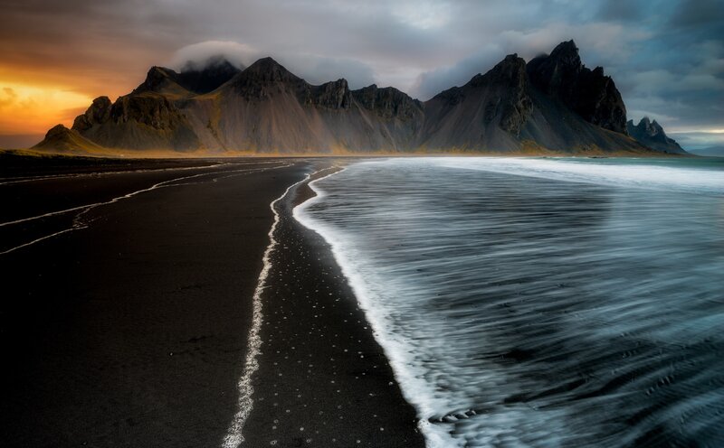 Black Sand Beach — Dramatic, Sunset, Photograph, Mountains