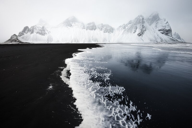 Black Sand Beach — Dramatic, Winter, Photograph, Snow-covered Mountains